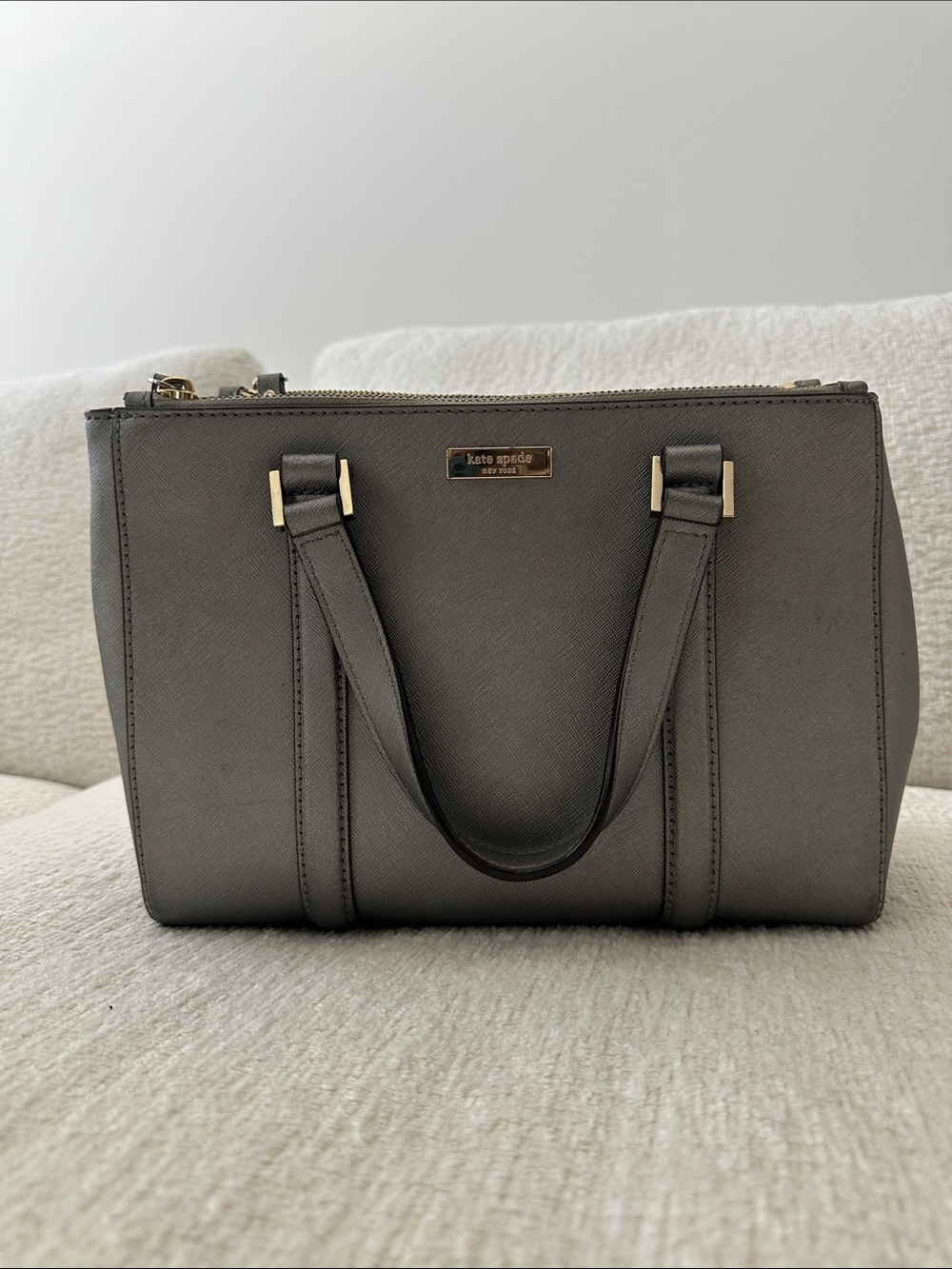 kate spade Gray Structured Saffiano Satchel with Gold Hardware